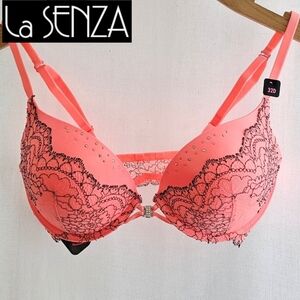 🇨🇦 La Senza Hello Sugar Coral Orange & Black Lace Pushup Bra 32D